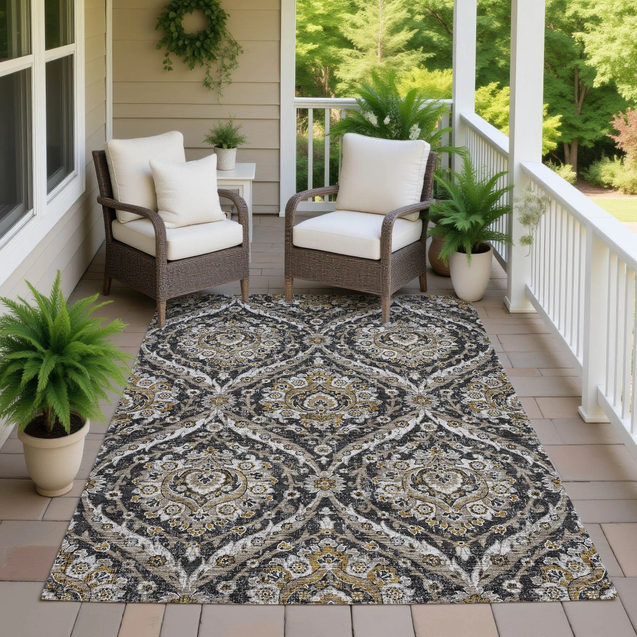 9' X 12' Black And Blue Floral Washable Indoor Outdoor Area Rug Homeroots Outdoor