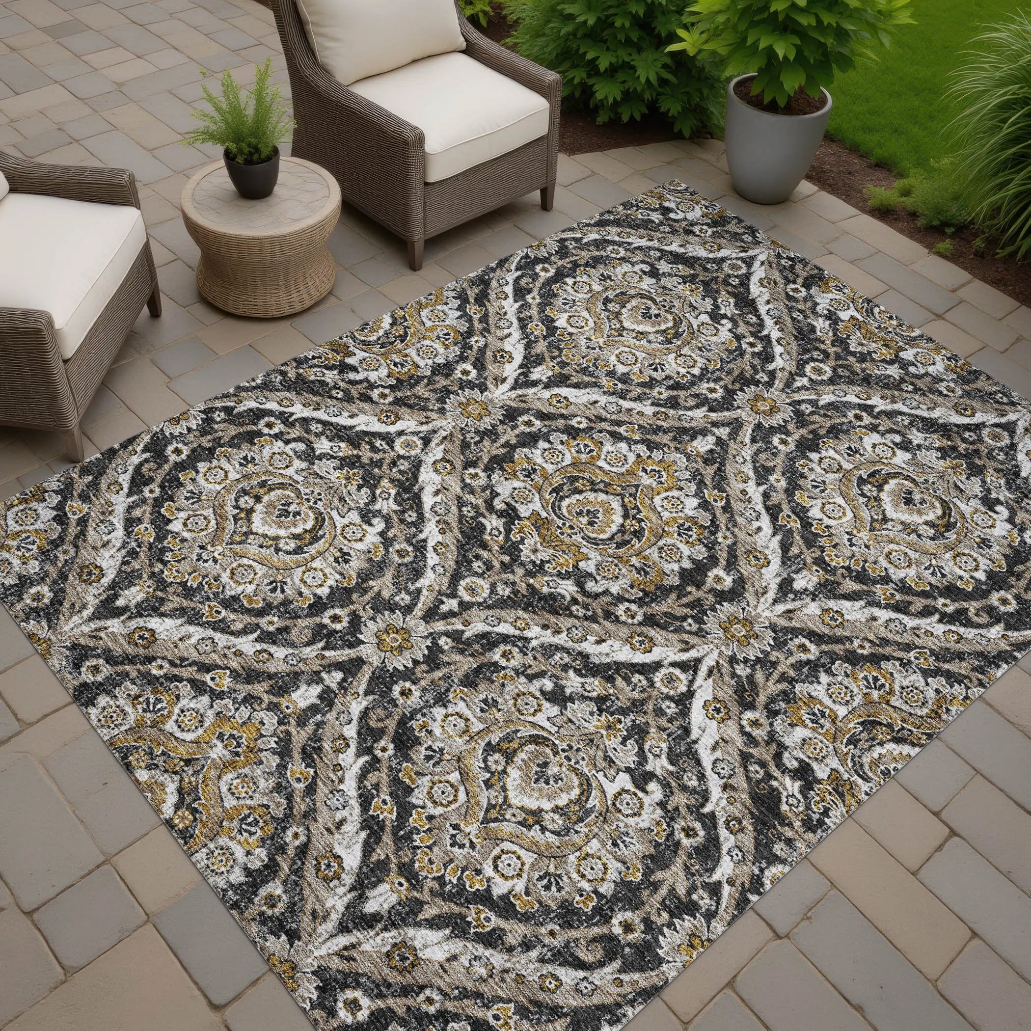9' X 12' Black And Blue Floral Washable Indoor Outdoor Area Rug Homeroots Outdoor