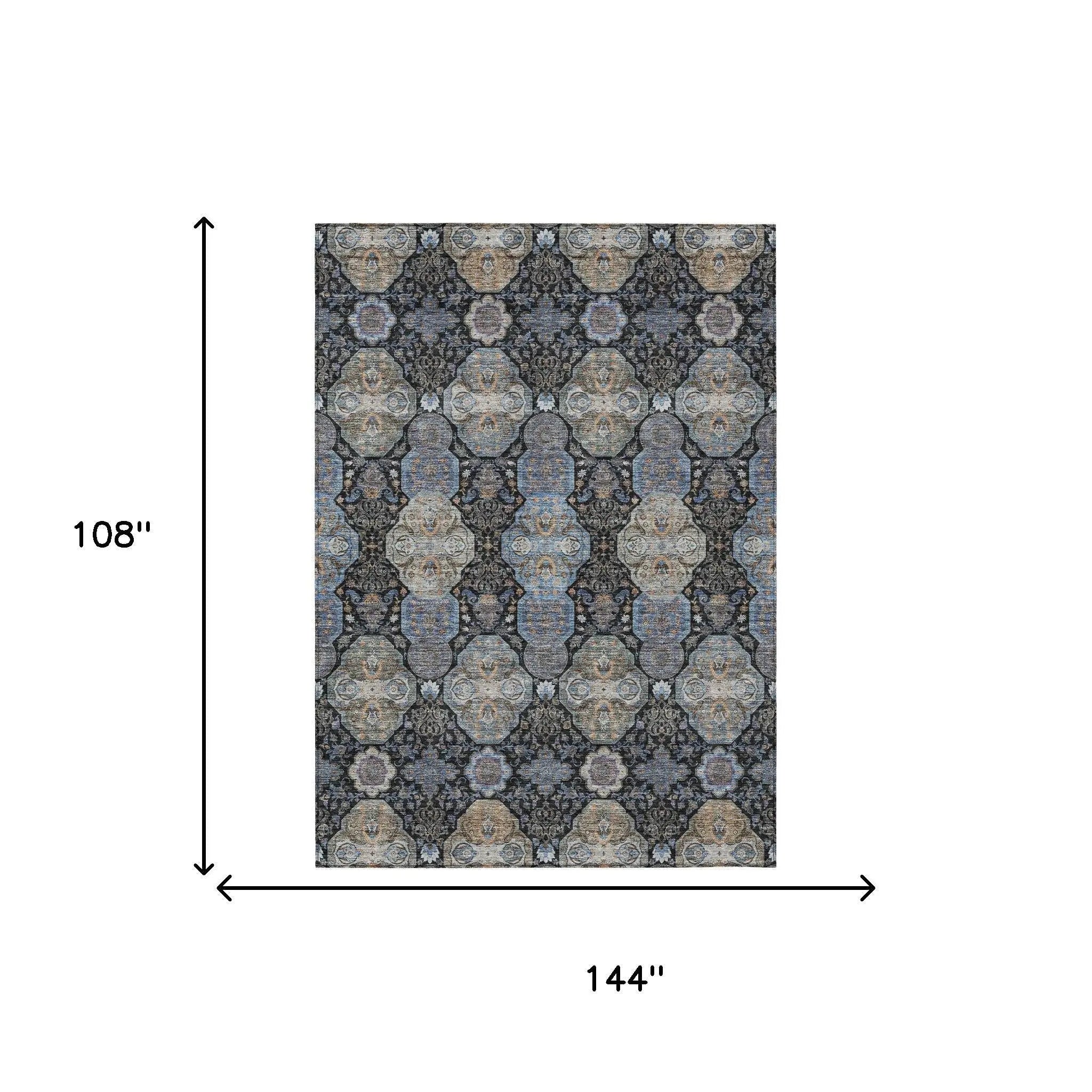 9' X 12' Black And Blue Floral Washable Indoor Outdoor Area Rug Homeroots Outdoor
