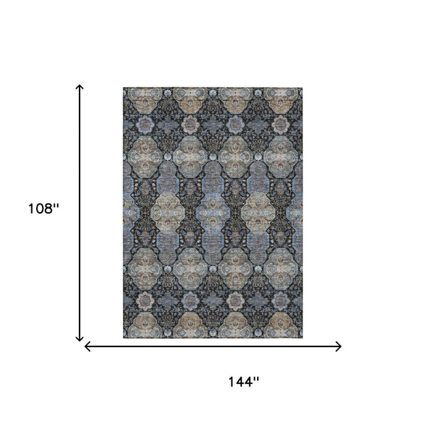 9' X 12' Black And Blue Floral Washable Indoor Outdoor Area Rug Homeroots Outdoor