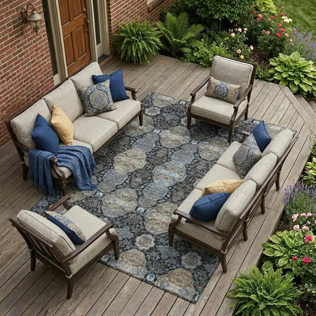 9' X 12' Black And Blue Floral Washable Indoor Outdoor Area Rug Homeroots Outdoor