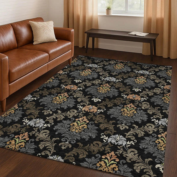 9' X 12' Black And Charcoal Damask Washable Indoor Outdoor Area Rug Homeroots Outdoor