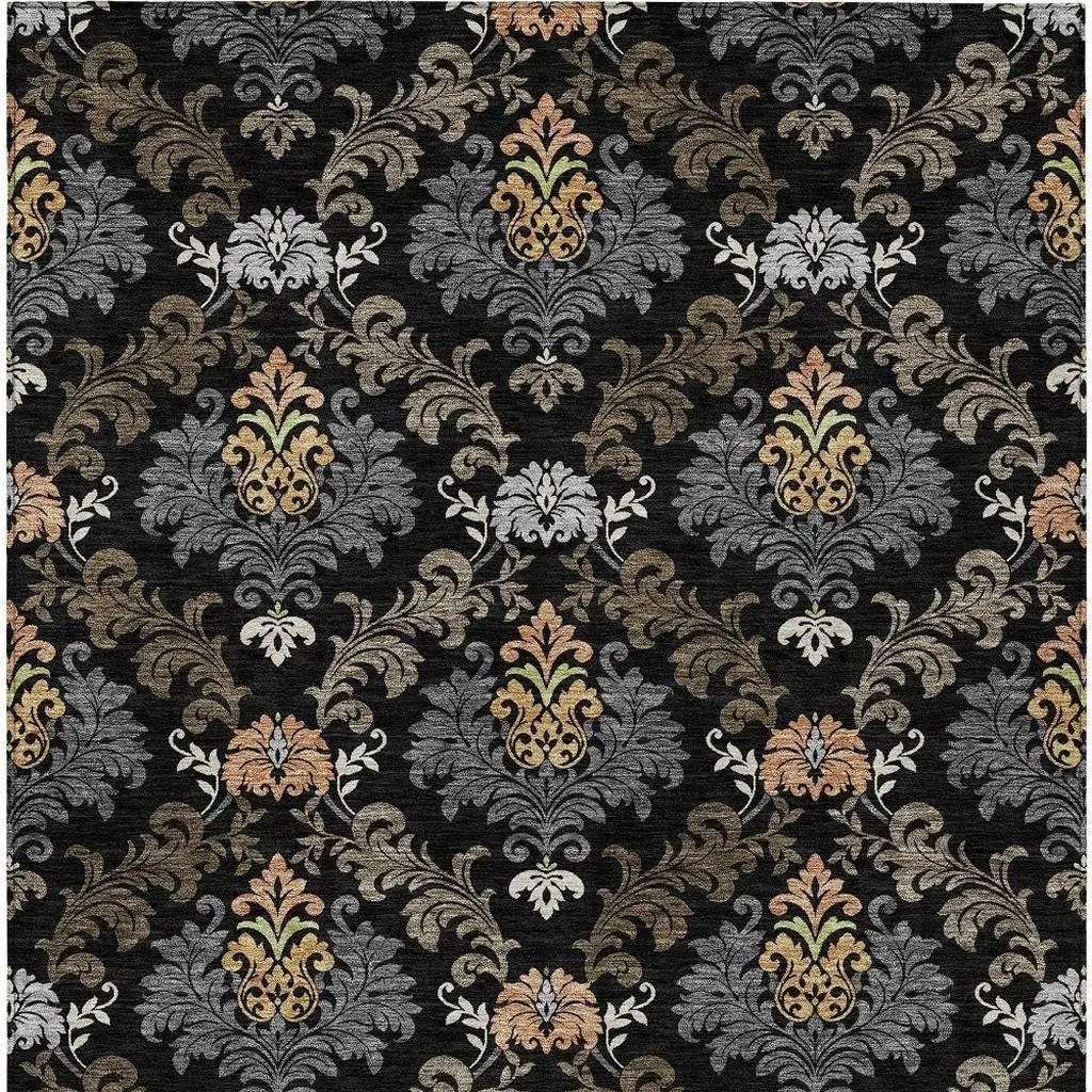 9' X 12' Black And Charcoal Damask Washable Indoor Outdoor Area Rug Homeroots Outdoor