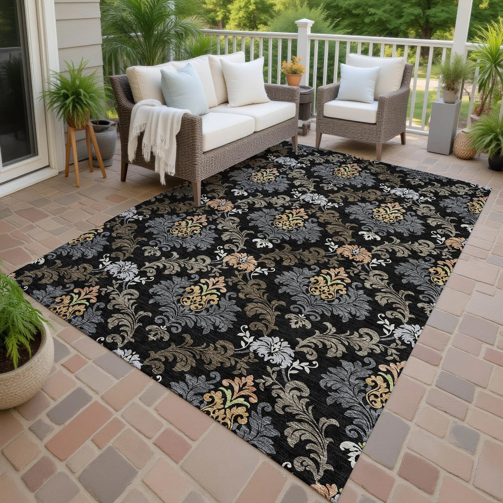 9' X 12' Black And Charcoal Damask Washable Indoor Outdoor Area Rug Homeroots Outdoor