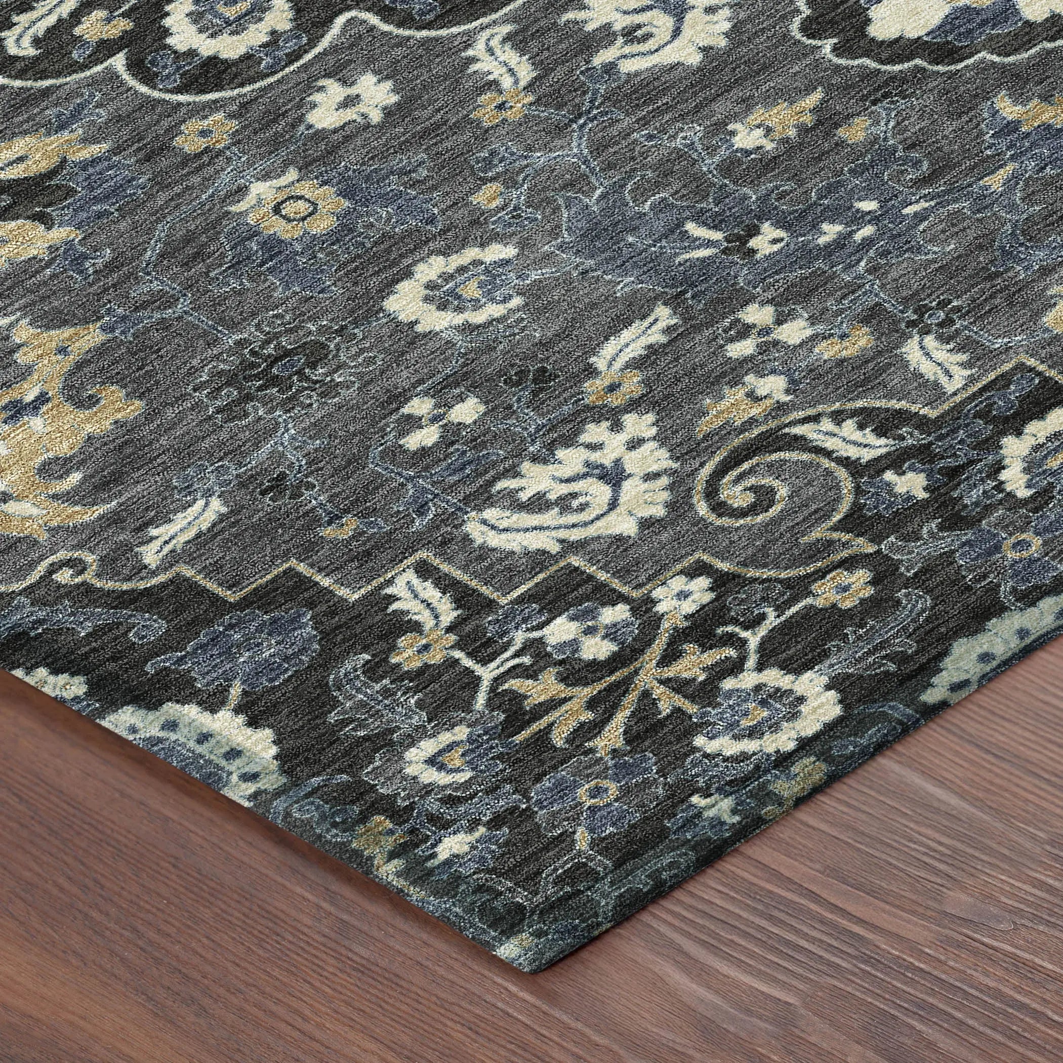 9' X 12' Black And Charcoal Floral Medallion Washable Indoor Outdoor Area Rug Homeroots Outdoor