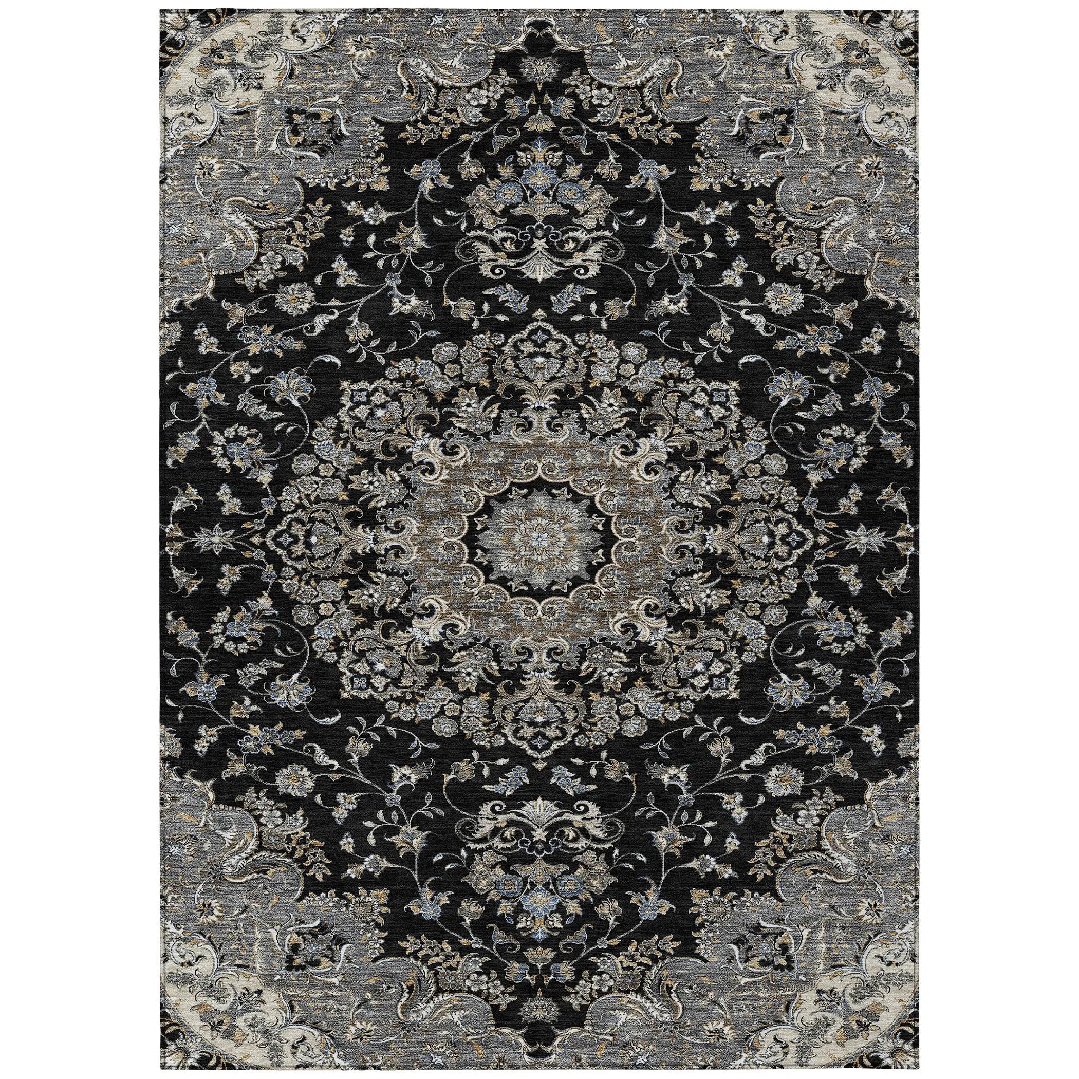 9' X 12' Black And Charcoal Floral Medallion Washable Indoor Outdoor Area Rug Homeroots Outdoor