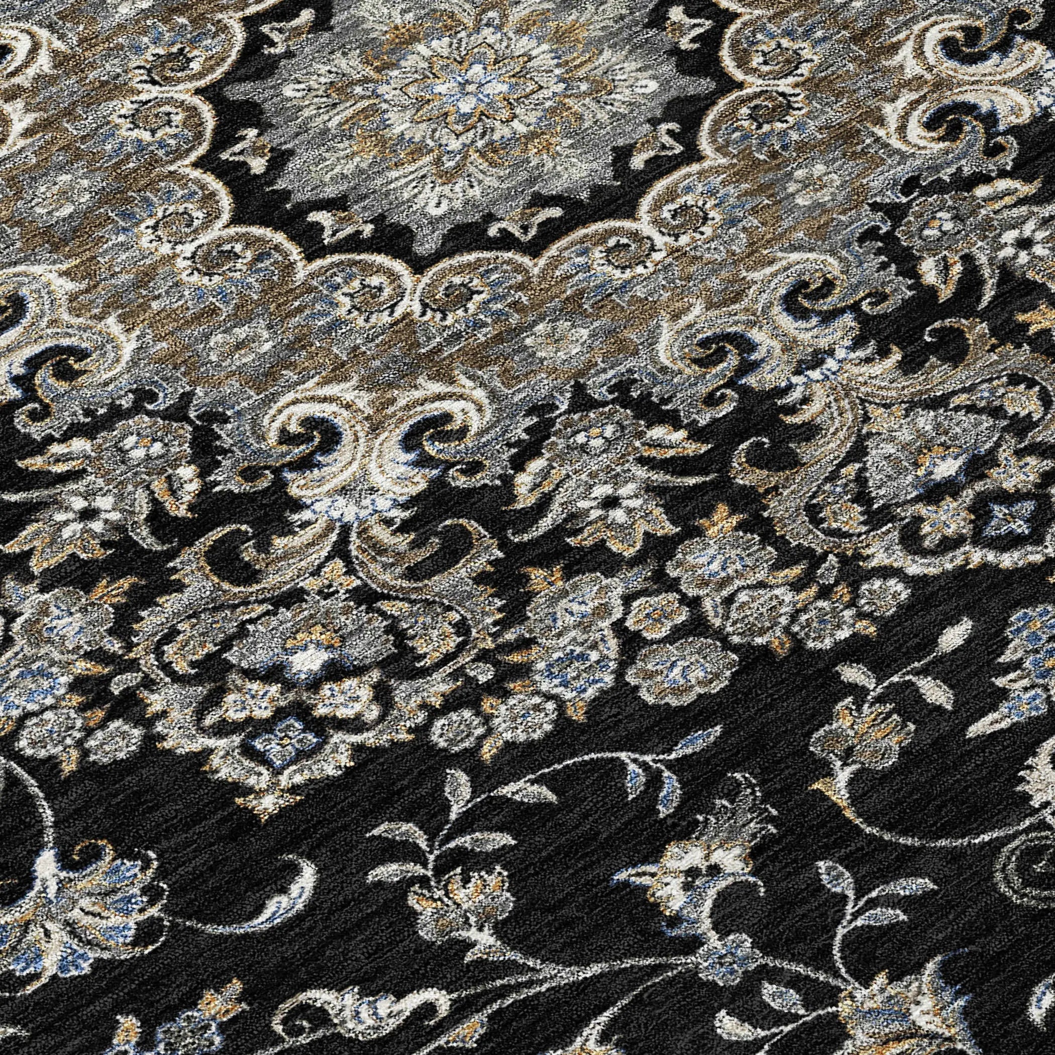9' X 12' Black And Charcoal Floral Medallion Washable Indoor Outdoor Area Rug Homeroots Outdoor