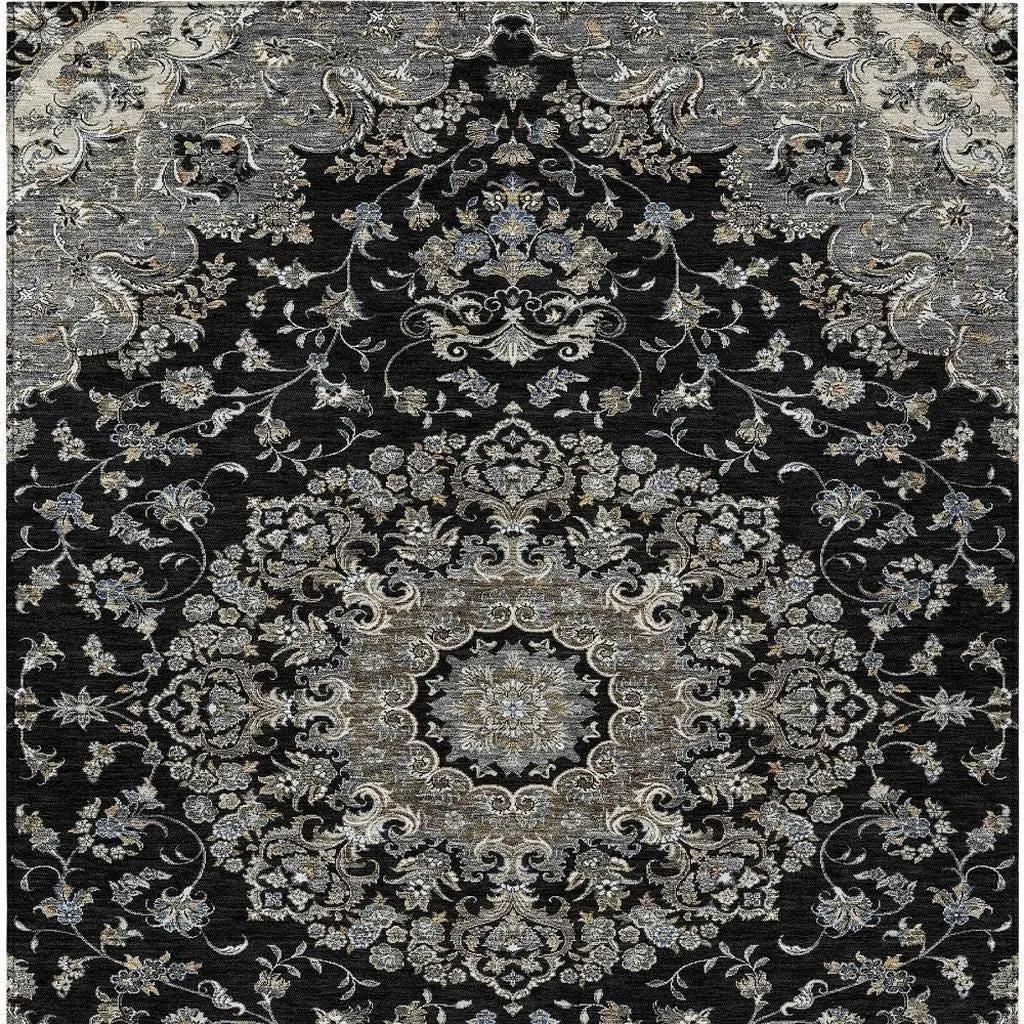 9' X 12' Black And Charcoal Floral Medallion Washable Indoor Outdoor Area Rug Homeroots Outdoor