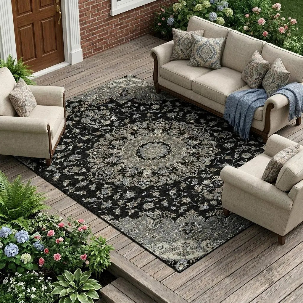 9' X 12' Black And Charcoal Floral Medallion Washable Indoor Outdoor Area Rug Homeroots Outdoor