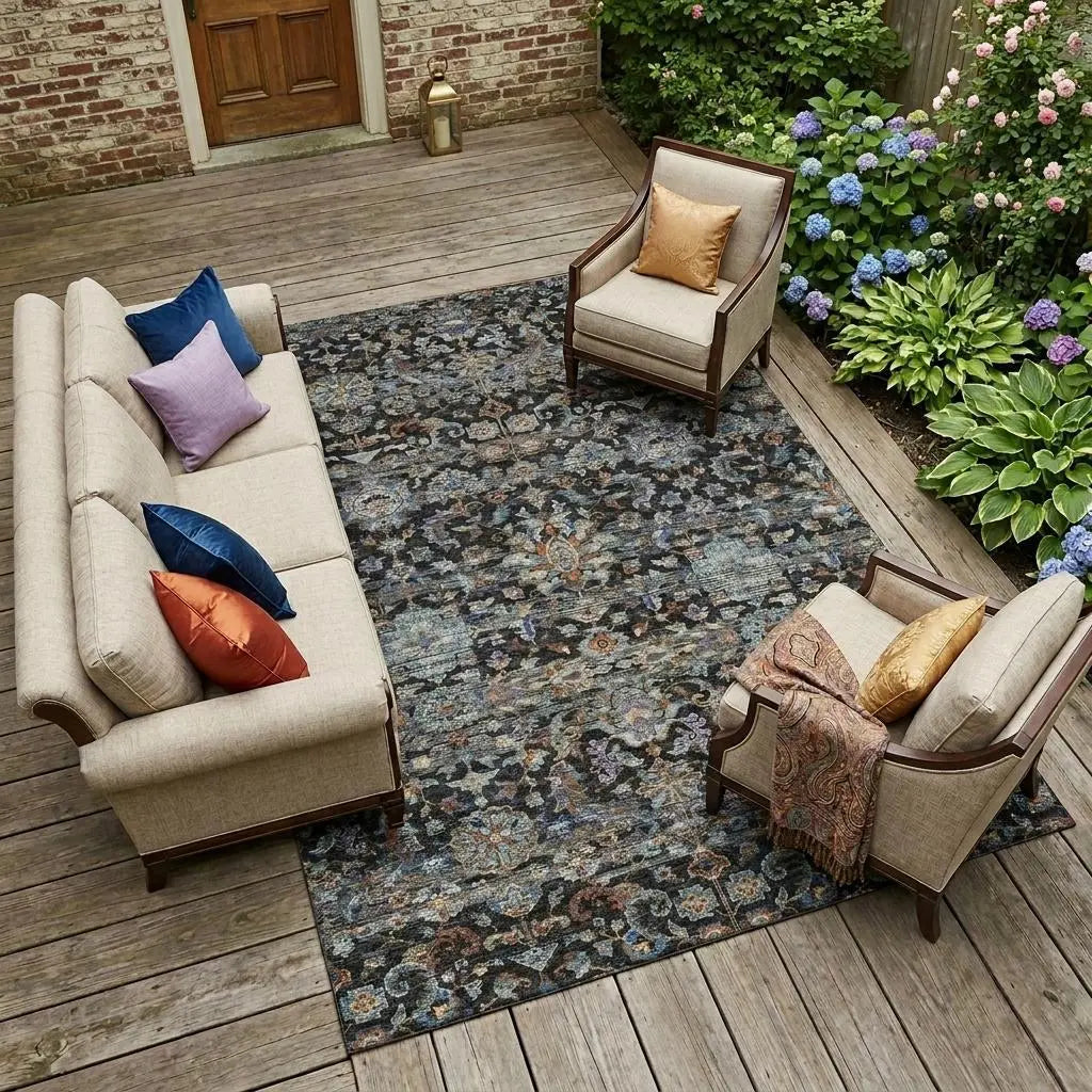 9' X 12' Black And Charcoal Floral Medallion Washable Indoor Outdoor Area Rug Homeroots Outdoor