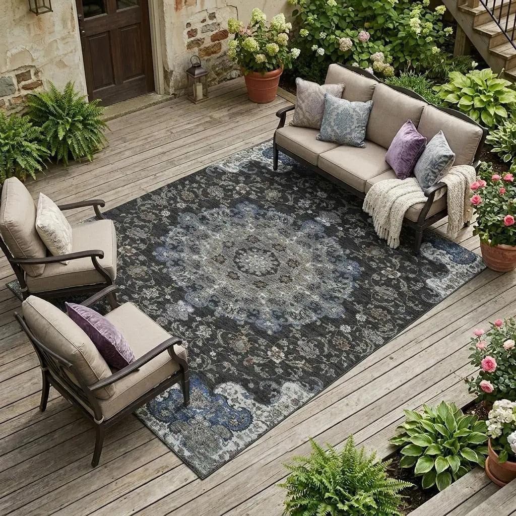 9' X 12' Black And Charcoal Floral Medallion Washable Indoor Outdoor Area Rug Homeroots Outdoor