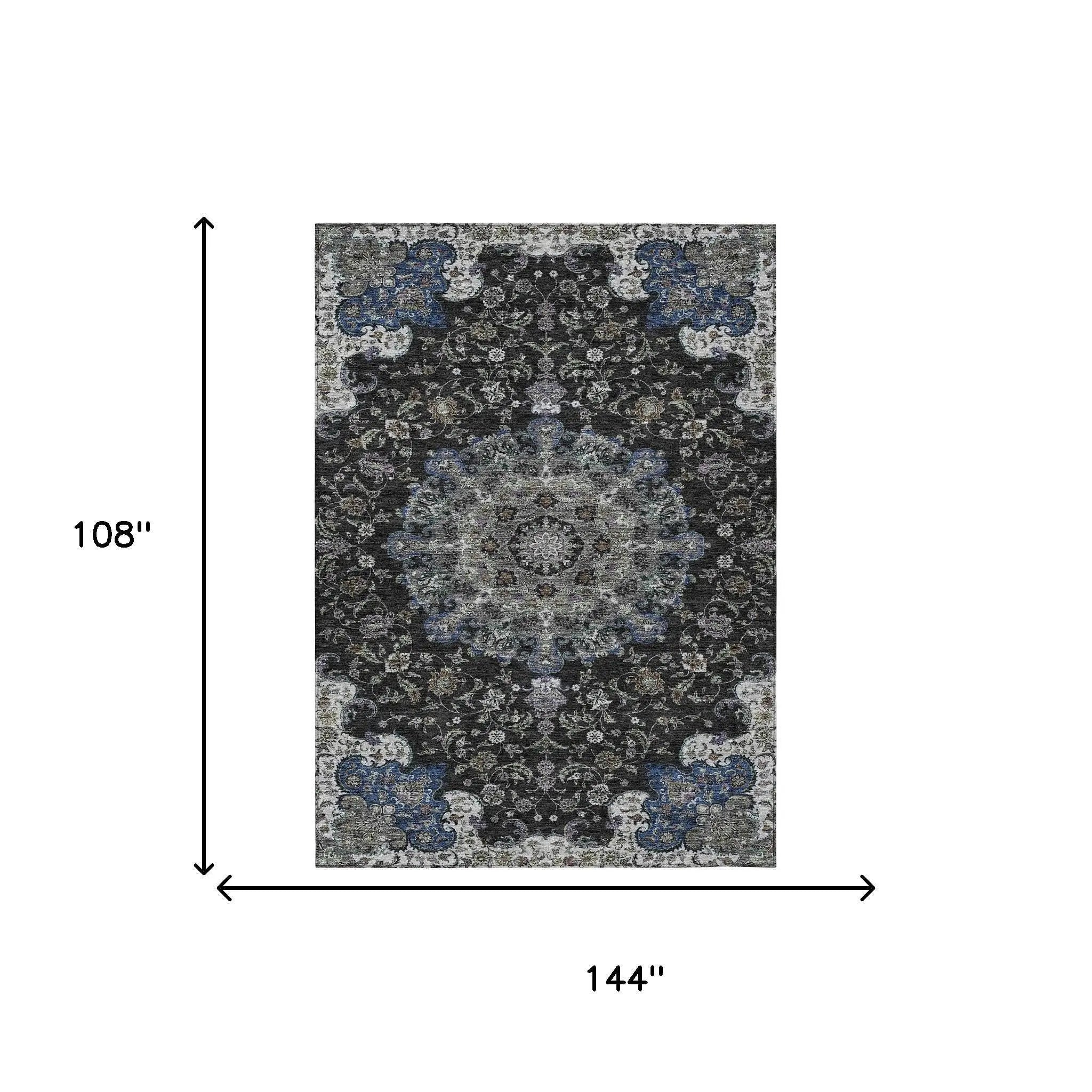9' X 12' Black And Charcoal Floral Medallion Washable Indoor Outdoor Area Rug Homeroots Outdoor