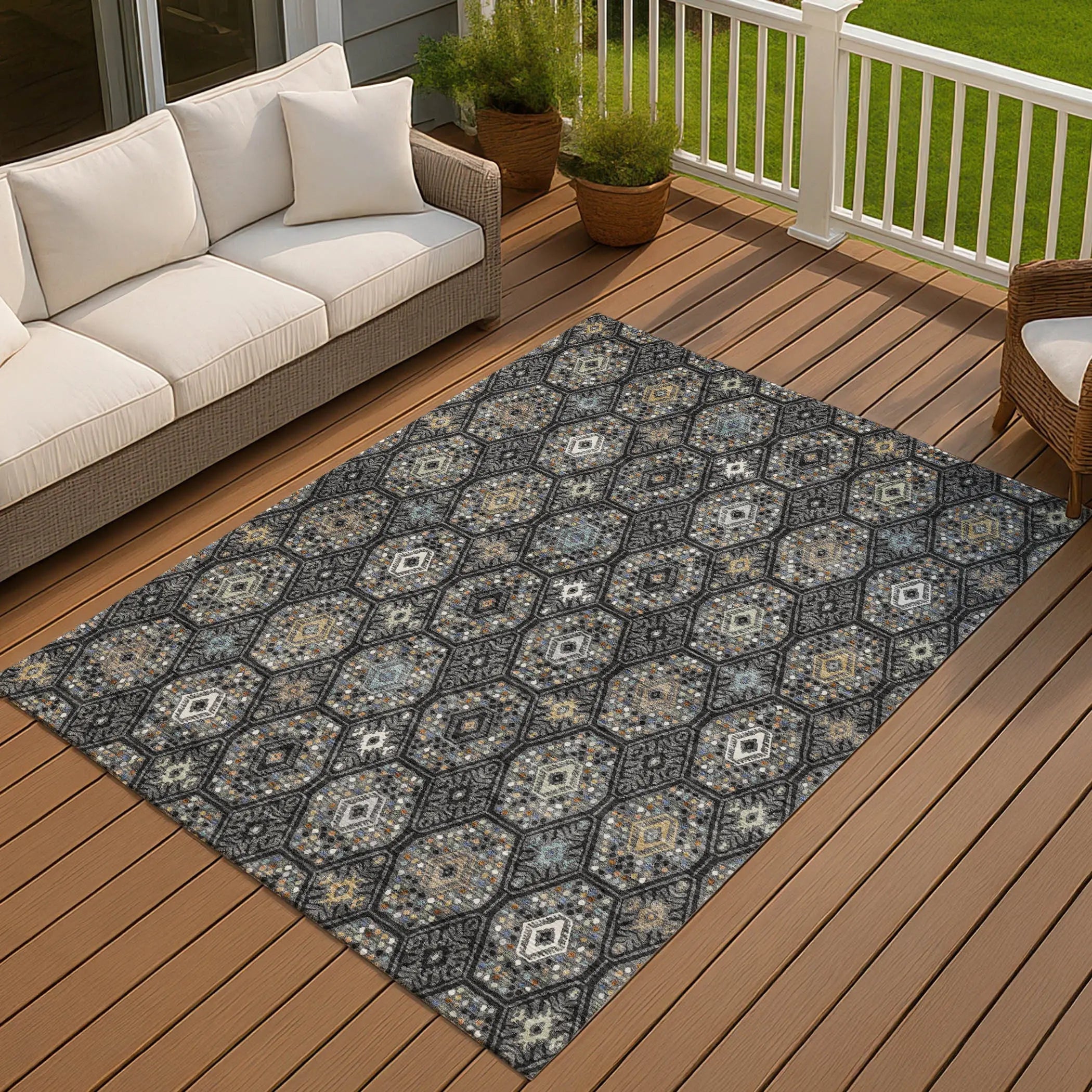 9' X 12' Black And Charcoal Geometric Washable Indoor Outdoor Area Rug Homeroots Outdoor