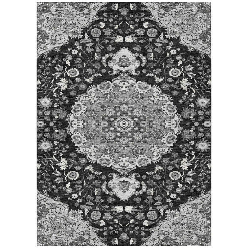 9' X 12' Black And Granite Gray Damask Washable Indoor Outdoor Area Rug Homeroots Outdoor