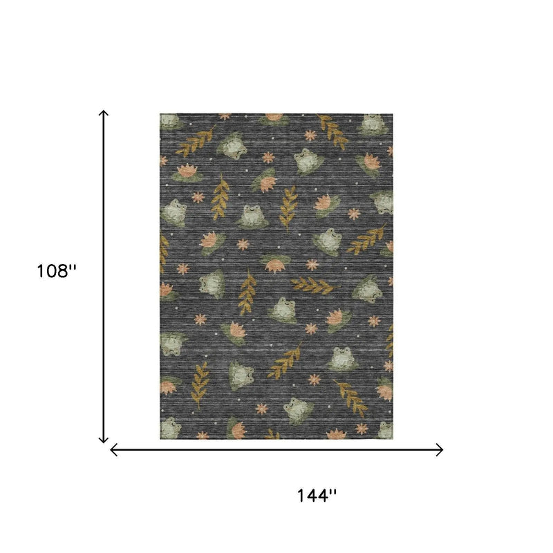 9' X 12' Black And Graphite Botanical Leaves Washable Indoor Outdoor Area Rug Homeroots Outdoor