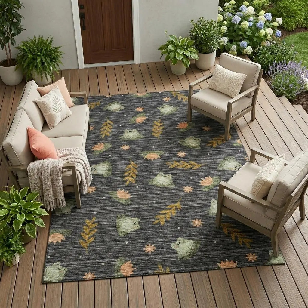 9' X 12' Black And Graphite Botanical Leaves Washable Indoor Outdoor Area Rug Homeroots Outdoor