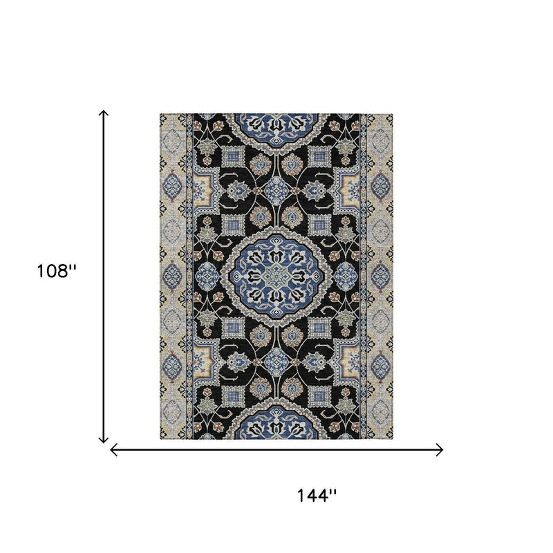9' X 12' Black And Graphite Floral Medallion Washable Indoor Outdoor Area Rug Homeroots Outdoor