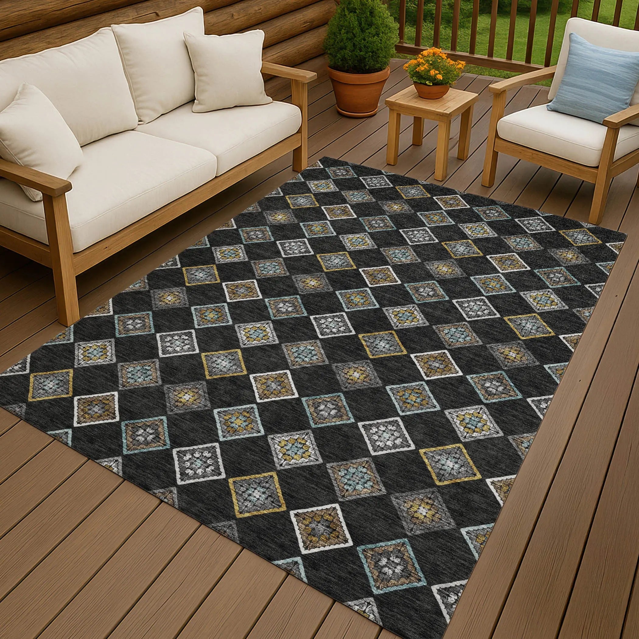 9' X 12' Black And Graphite Geometric Washable Indoor Outdoor Area Rug Homeroots Outdoor