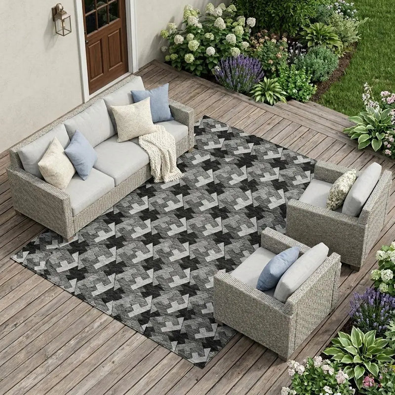9' X 12' Black And Graphite Geometric Washable Indoor Outdoor Area Rug Homeroots Outdoor