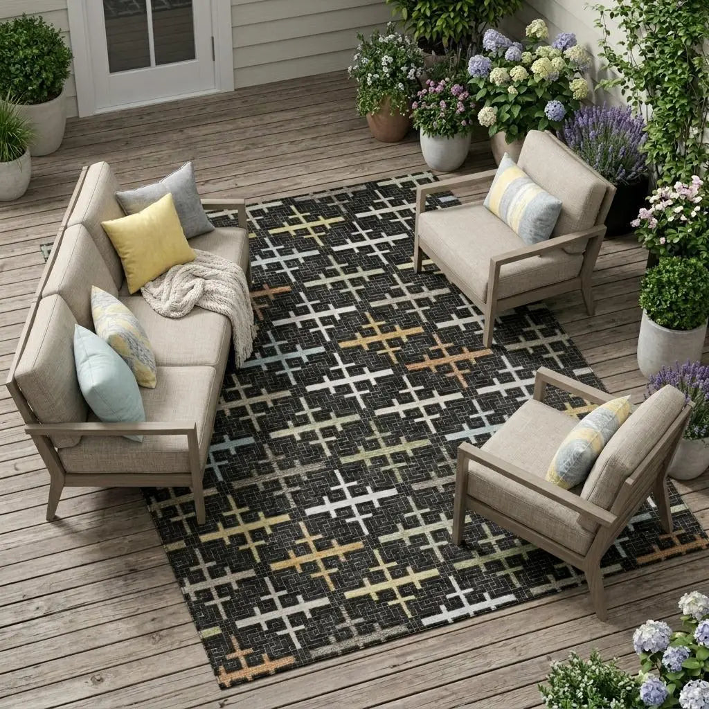 9' X 12' Black And Graphite Geometric Washable Indoor Outdoor Area Rug Homeroots Outdoor