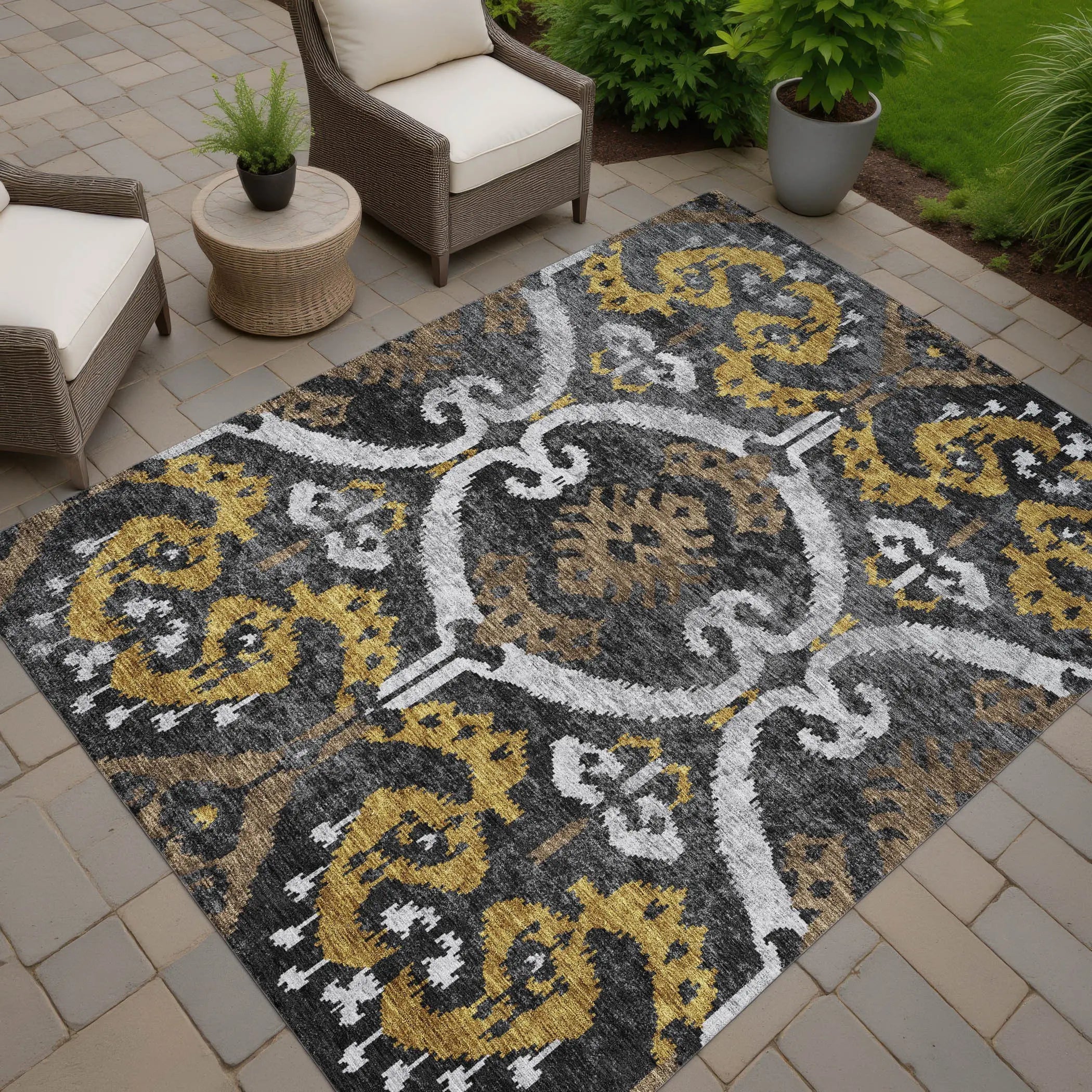 9' X 12' Black And Graphite Ikat Washable Indoor Outdoor Area Rug Homeroots Outdoor