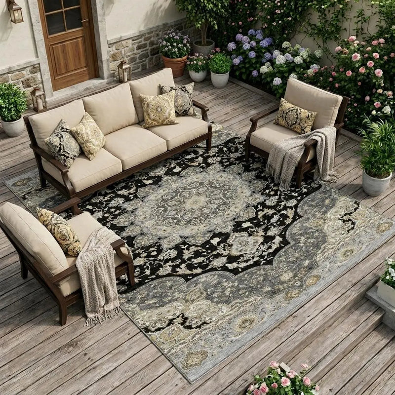 9' X 12' Black And Graphite Oriental Washable Indoor Outdoor Area Rug Homeroots Outdoor
