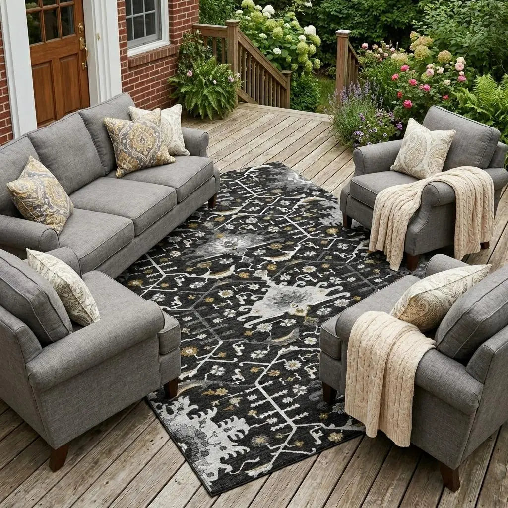 9' X 12' Black And Graphite Oriental Washable Indoor Outdoor Area Rug Homeroots Outdoor