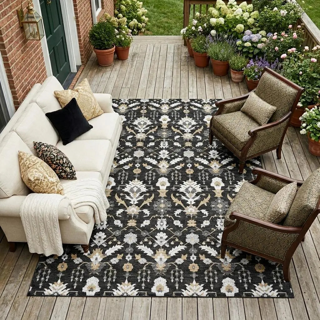 9' X 12' Black And Graphite Oriental Washable Indoor Outdoor Area Rug Homeroots Outdoor