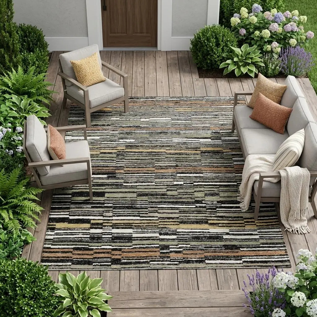 9' X 12' Black And Graphite Striped Washable Indoor Outdoor Area Rug Homeroots Outdoor