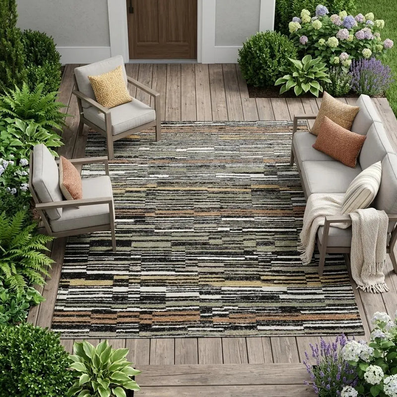 9' X 12' Black And Graphite Striped Washable Indoor Outdoor Area Rug Homeroots Outdoor