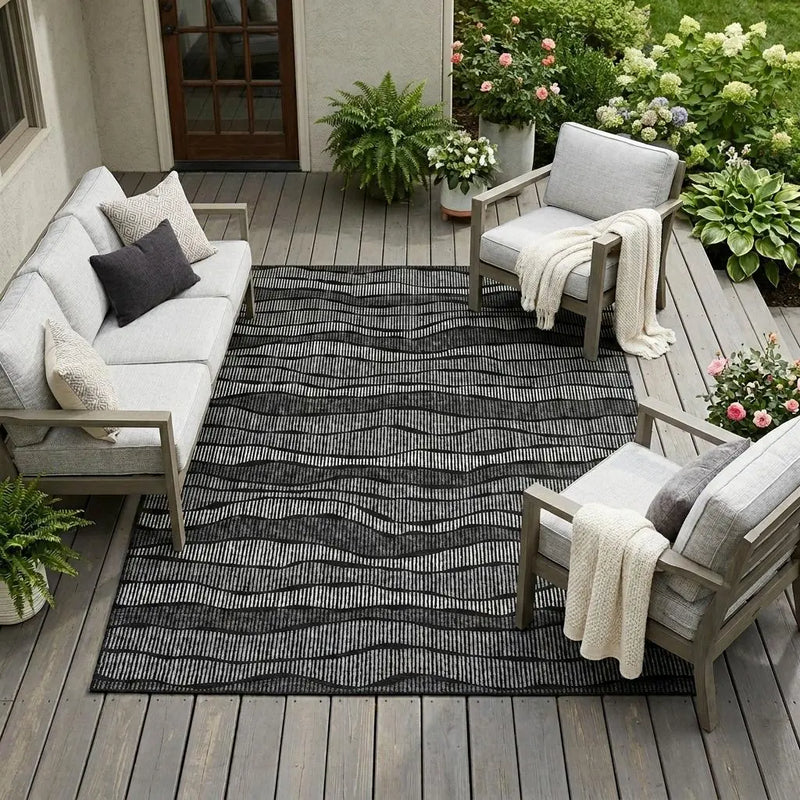 9' X 12' Black And Graphite Striped Washable Indoor Outdoor Area Rug Homeroots Outdoor