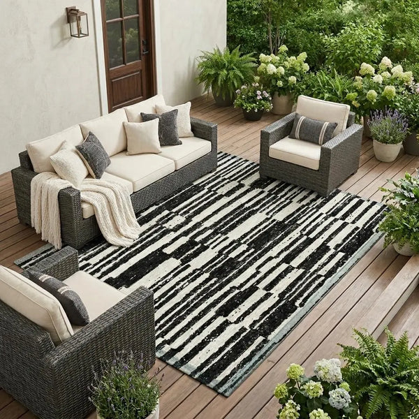 9' X 12' Black And Graphite Striped Washable Indoor Outdoor Area Rug Homeroots Outdoor