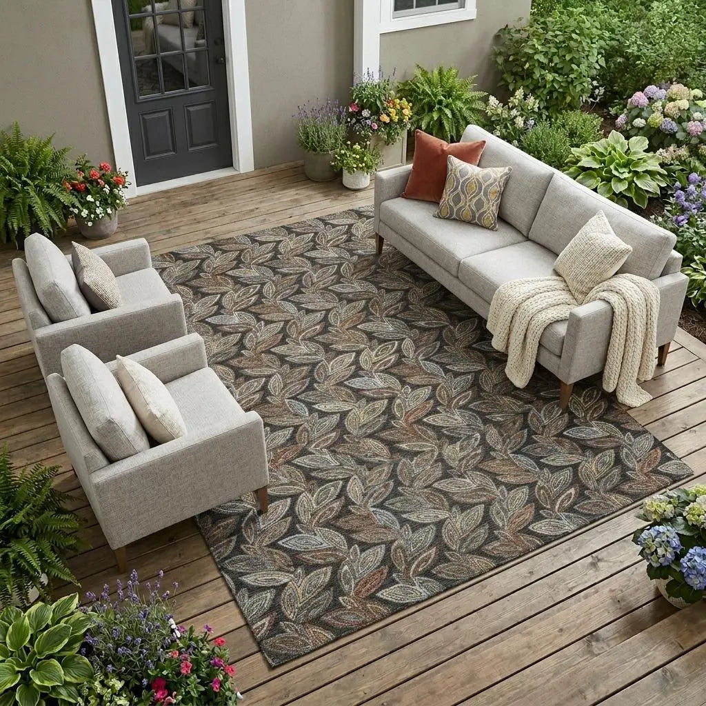 9' X 12' Black And Gray Botanical Leaves Washable Indoor Outdoor Area Rug Homeroots Outdoor