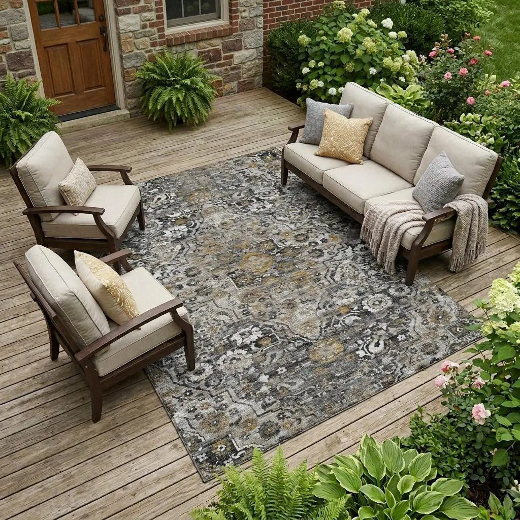 9' X 12' Black And Gray Floral Medallion Washable Indoor Outdoor Area Rug Homeroots Outdoor