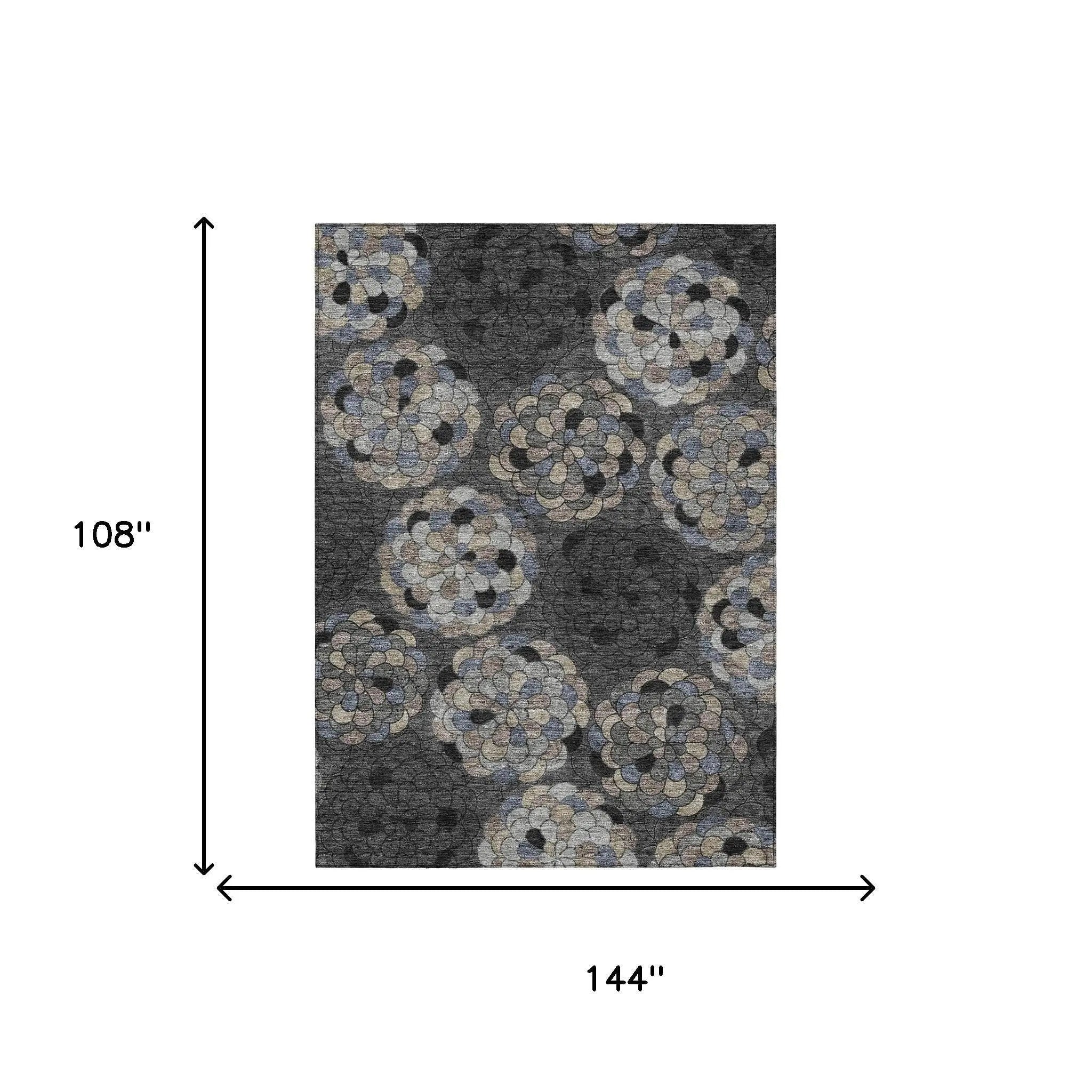 9' X 12' Black And Gray Floral Washable Indoor Outdoor Area Rug Homeroots Outdoor