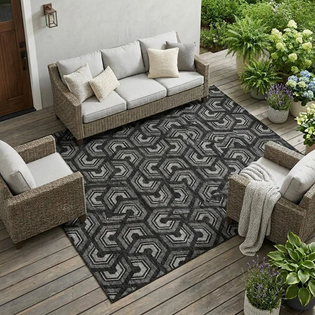 9' X 12' Black And Gray Geometric Washable Indoor Outdoor Area Rug Homeroots Outdoor