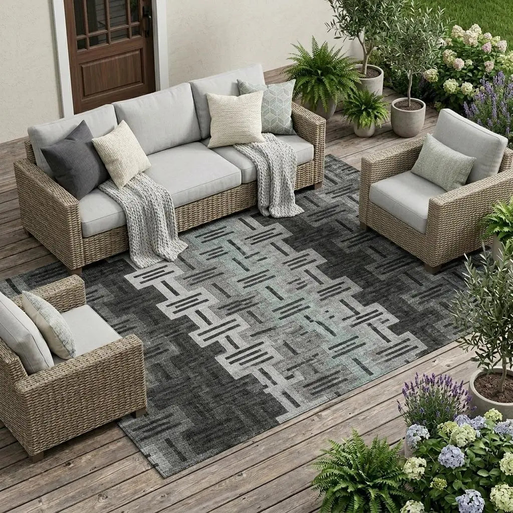9' X 12' Black And Gray Geometric Washable Indoor Outdoor Area Rug Homeroots Outdoor