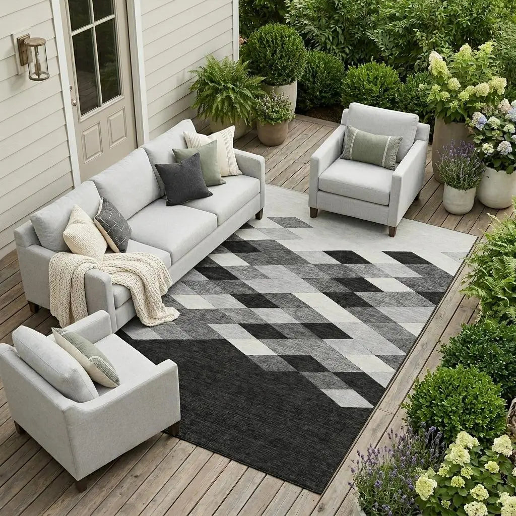 9' X 12' Black And Gray Geometric Washable Indoor Outdoor Area Rug Homeroots Outdoor