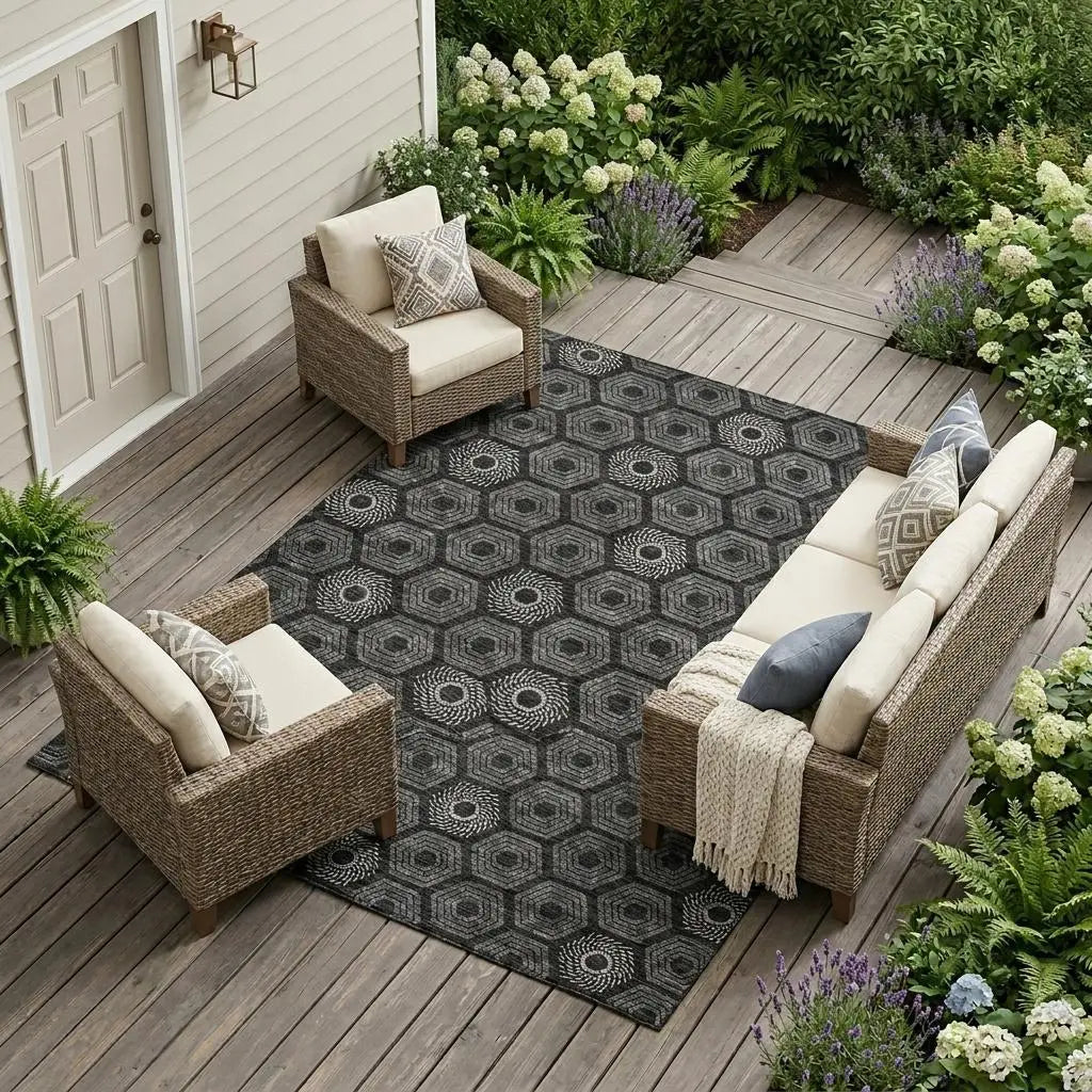 9' X 12' Black And Gray Geometric Washable Indoor Outdoor Area Rug Homeroots Outdoor