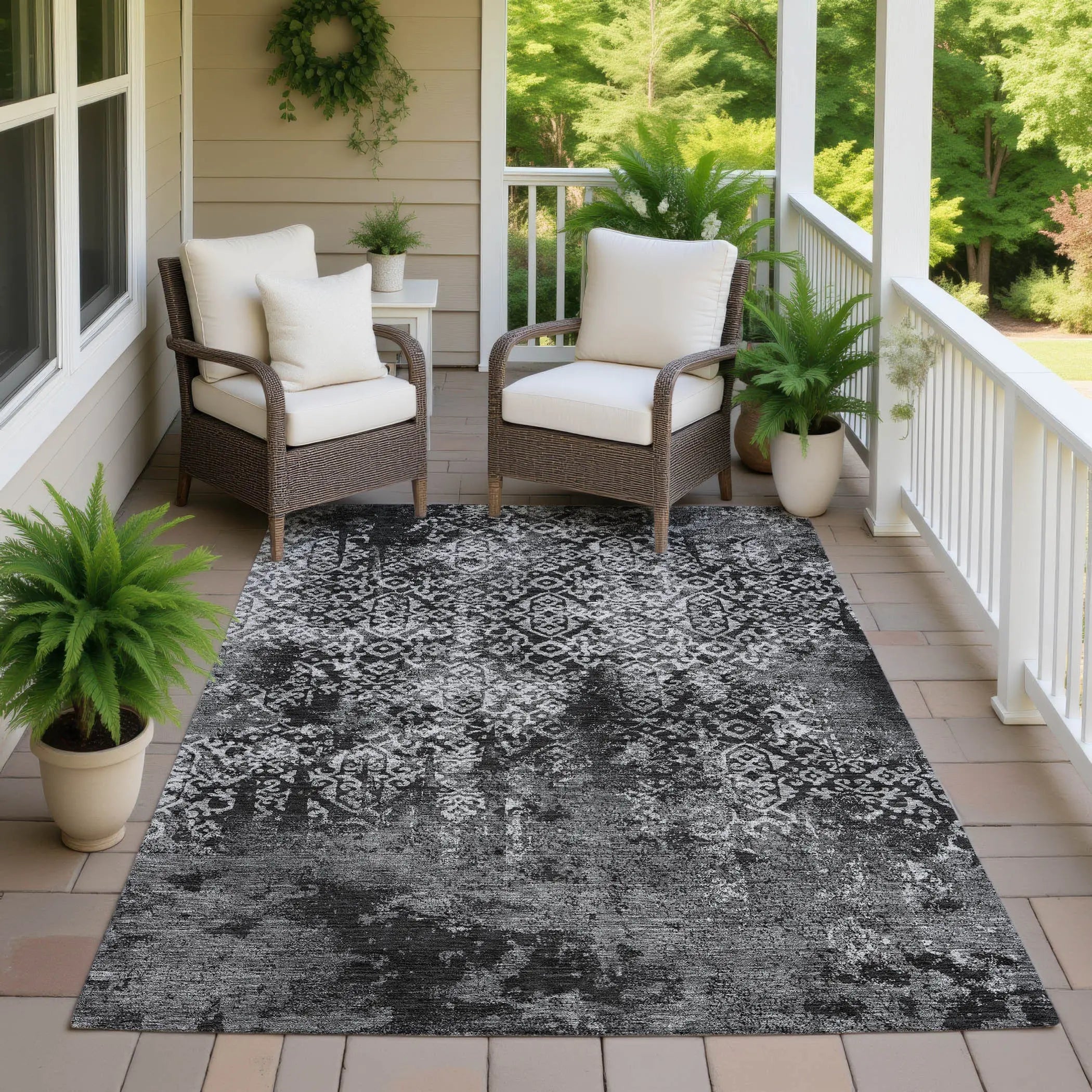 9' X 12' Black And Gray Oriental Washable Indoor Outdoor Area Rug Homeroots Outdoor