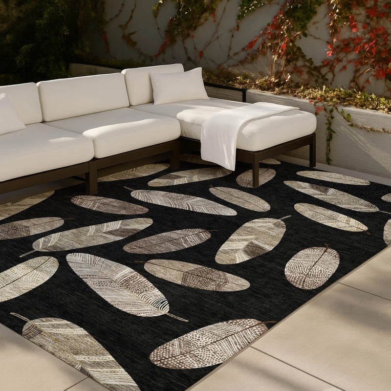 9' X 12' Black And Green Botanical Leaves Washable Indoor Outdoor Area Rug Homeroots Outdoor