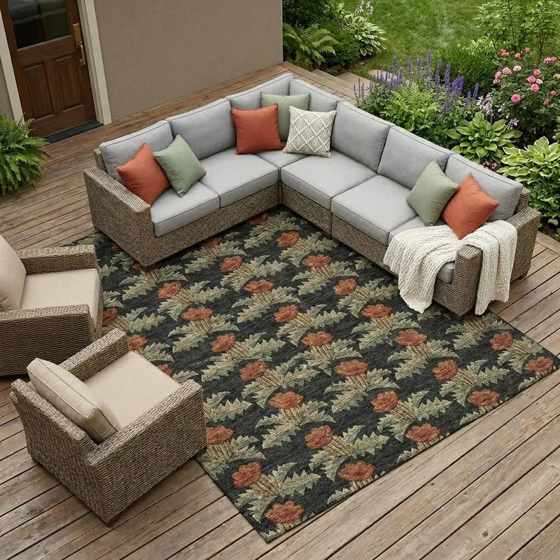 9' X 12' Black And Green Floral Washable Indoor Outdoor Area Rug Homeroots Outdoor
