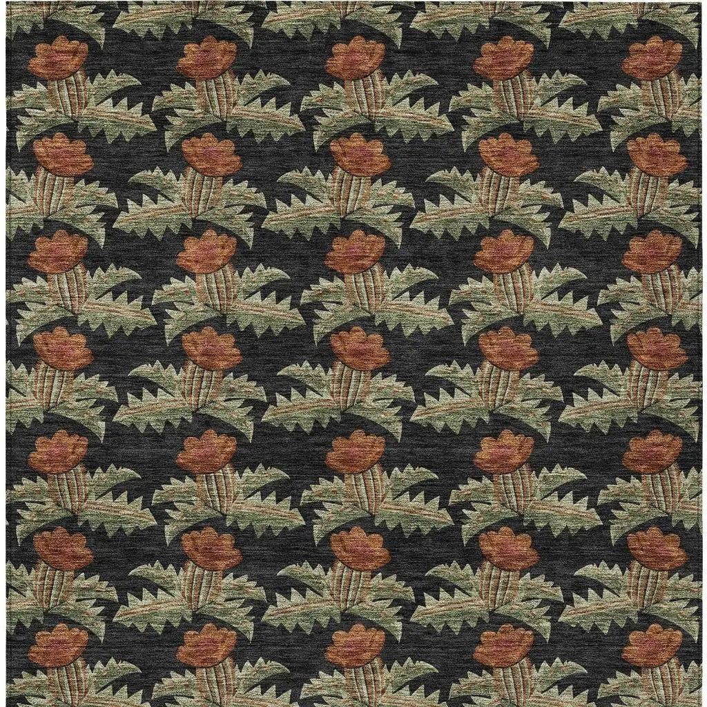 9' X 12' Black And Green Floral Washable Indoor Outdoor Area Rug Homeroots Outdoor