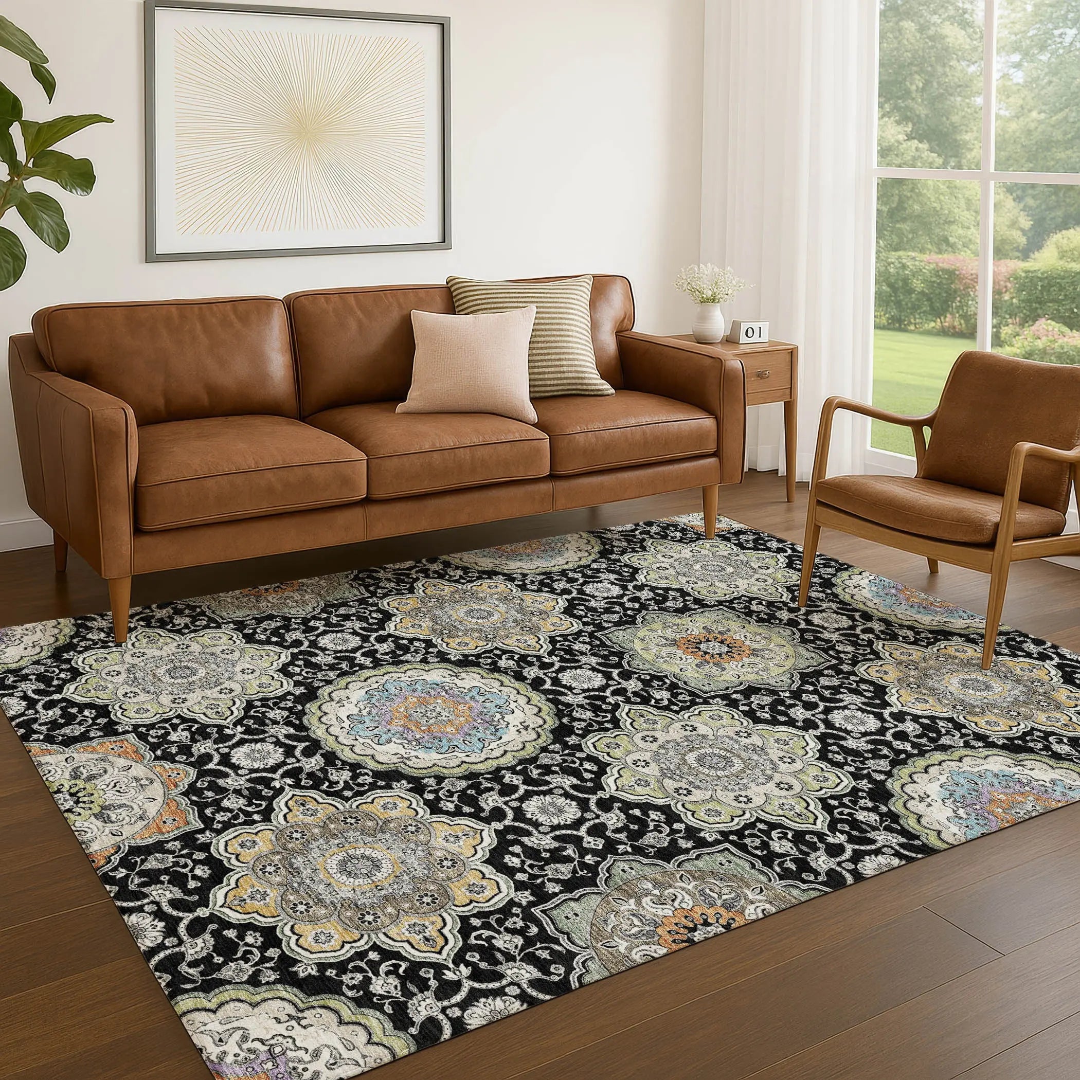9' X 12' Black And Ivory Floral Medallion Washable Indoor Outdoor Area Rug Homeroots Outdoor