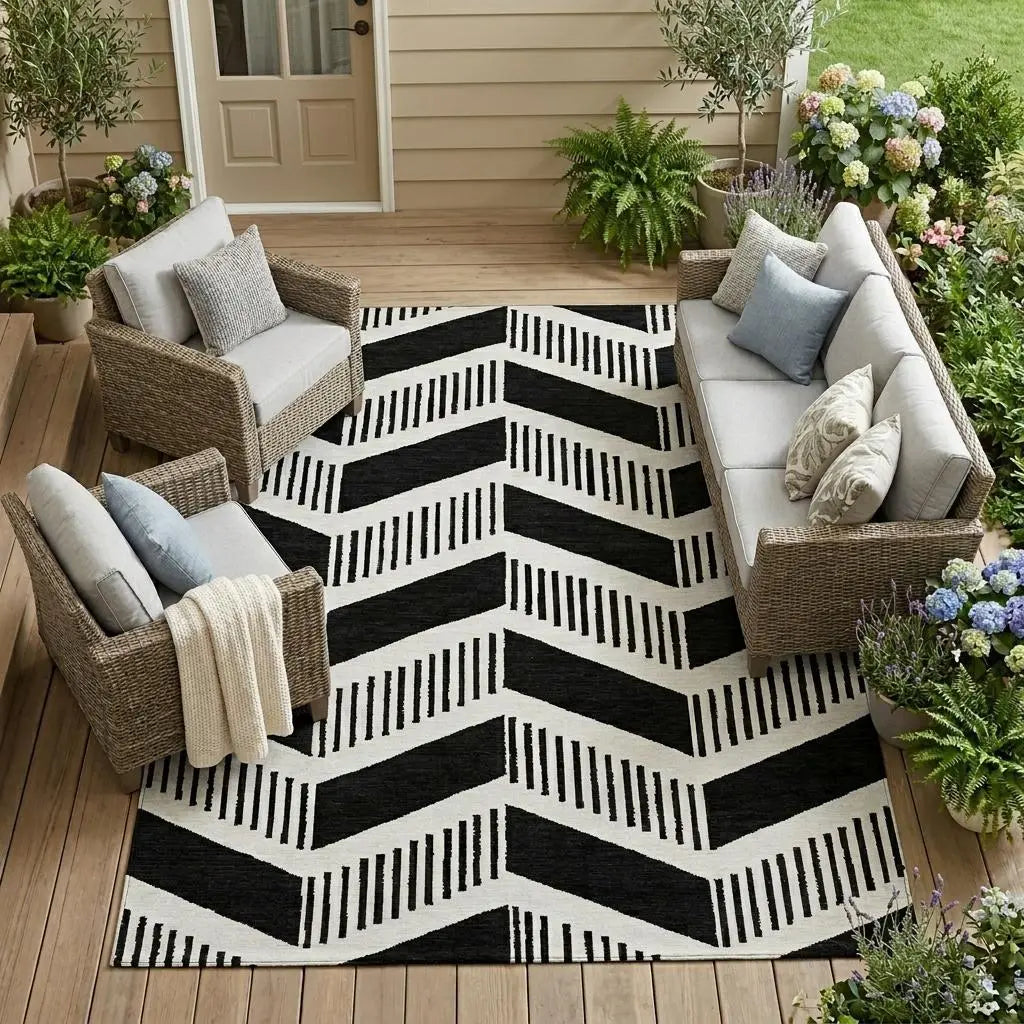 9' X 12' Black And Ivory Geometric Washable Indoor Outdoor Area Rug Homeroots Outdoor