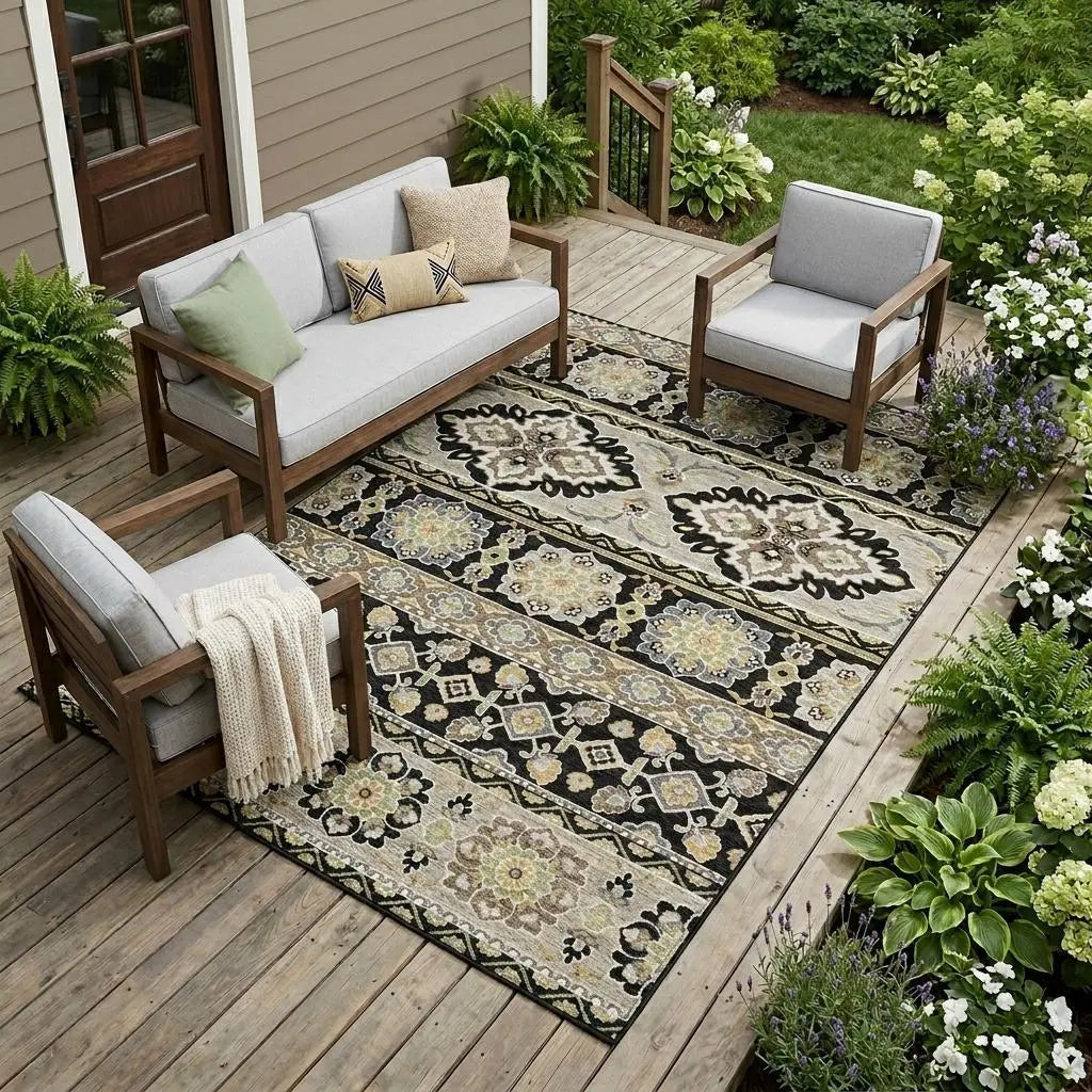 9' X 12' Black And Ivory Tribal Washable Indoor Outdoor Area Rug Homeroots Outdoor