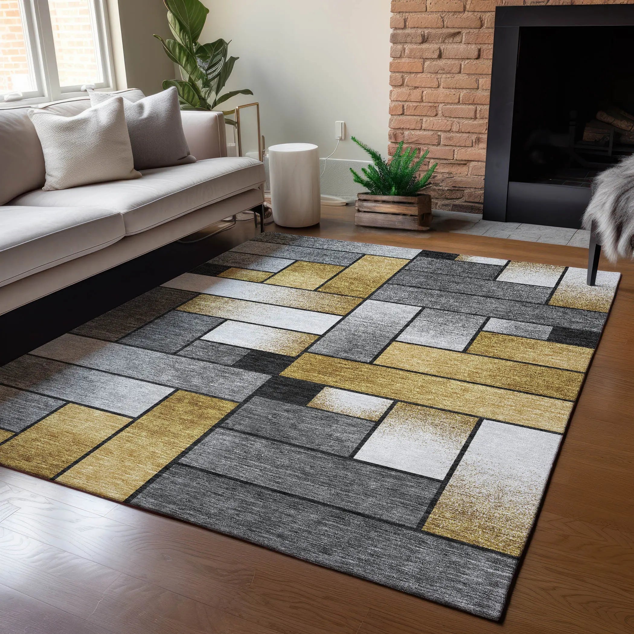 9' X 12' Black And Khaki Geometric Washable Indoor Outdoor Area Rug Homeroots Outdoor