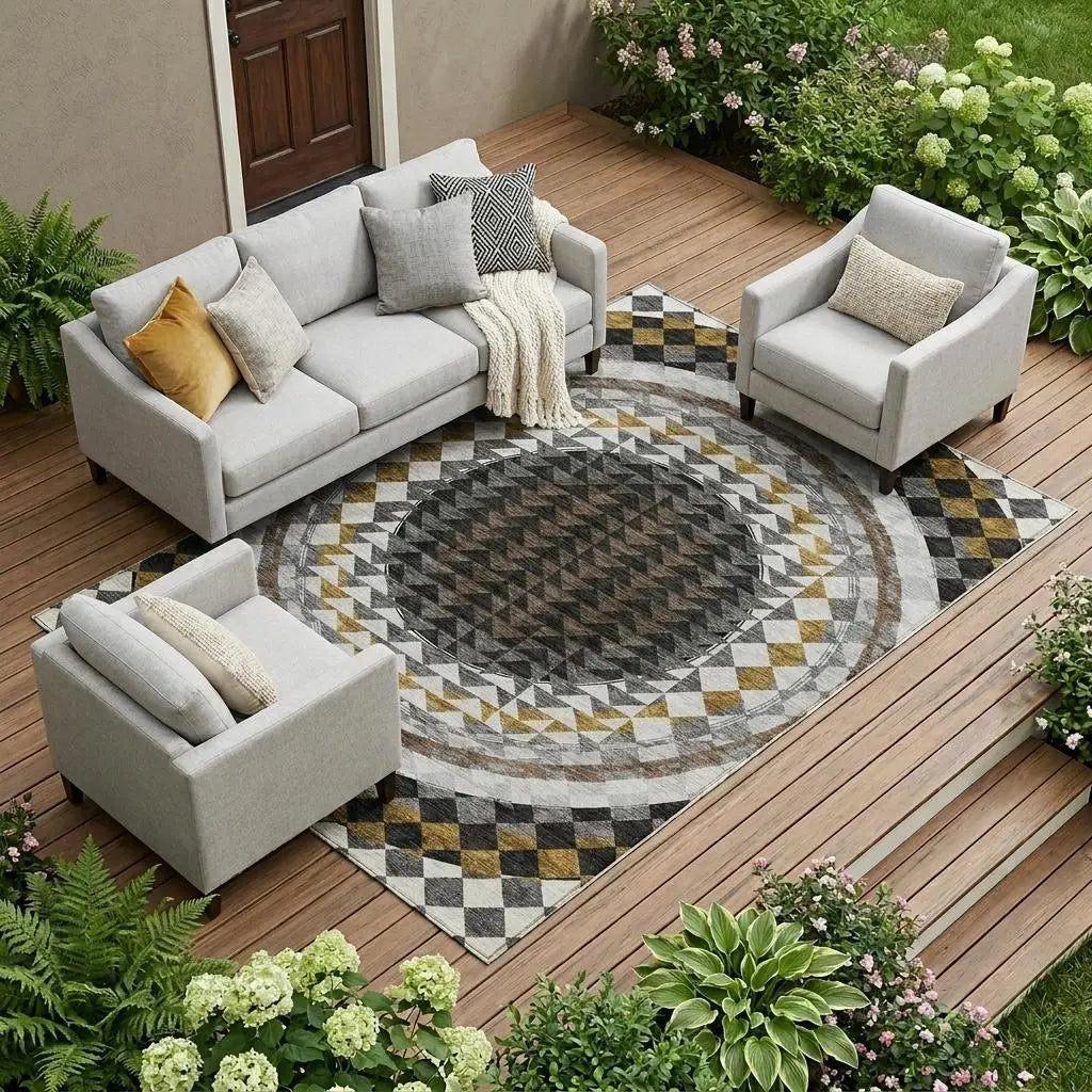 9' X 12' Black And Linen Geometric Washable Indoor Outdoor Area Rug Homeroots Outdoor