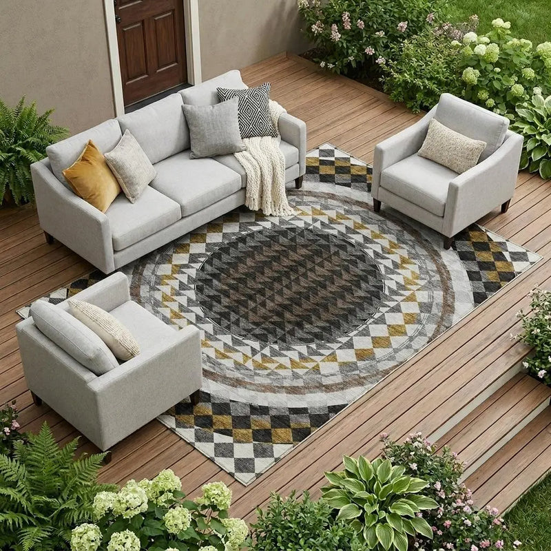 9' X 12' Black And Linen Geometric Washable Indoor Outdoor Area Rug Homeroots Outdoor