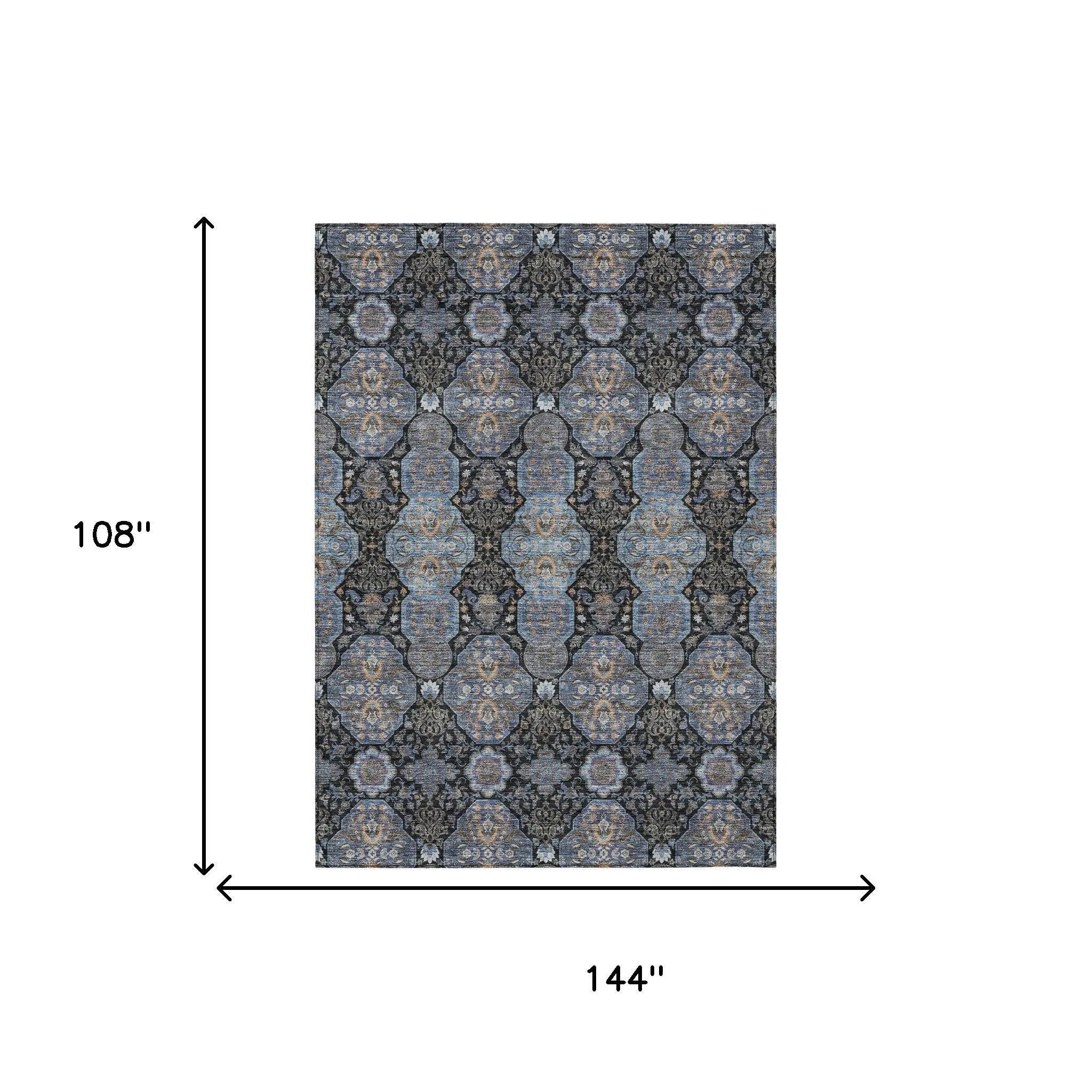 9' X 12' Black And Navy Blue Floral Washable Indoor Outdoor Area Rug Homeroots Outdoor
